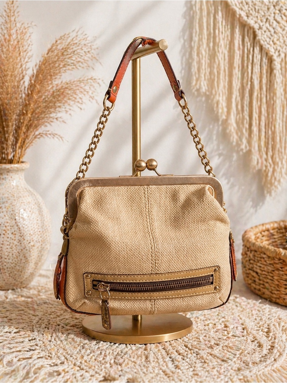 Coach Beige Canvas Frame-Top Shoulder Bag with Gold Chain